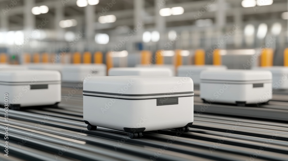 Poster a modern warehouse scene with small white containers moving along an automated conveyor belt, showca