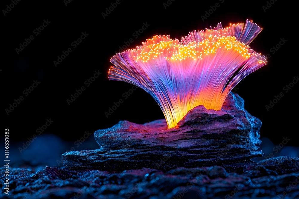 Poster mesmerizing iridescent fiber optic cables intertwined in a hypnotizing arrangement pulsating with an