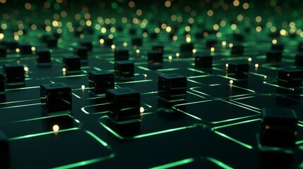 Obraz premium Futuristic Data Grid, Network Connections, Abstract Technology Background With Luminous Green Lines