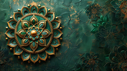 Minimalist Green and Gold Islamic Background with Intricate Mandala Patterns for Eid al-Fitr