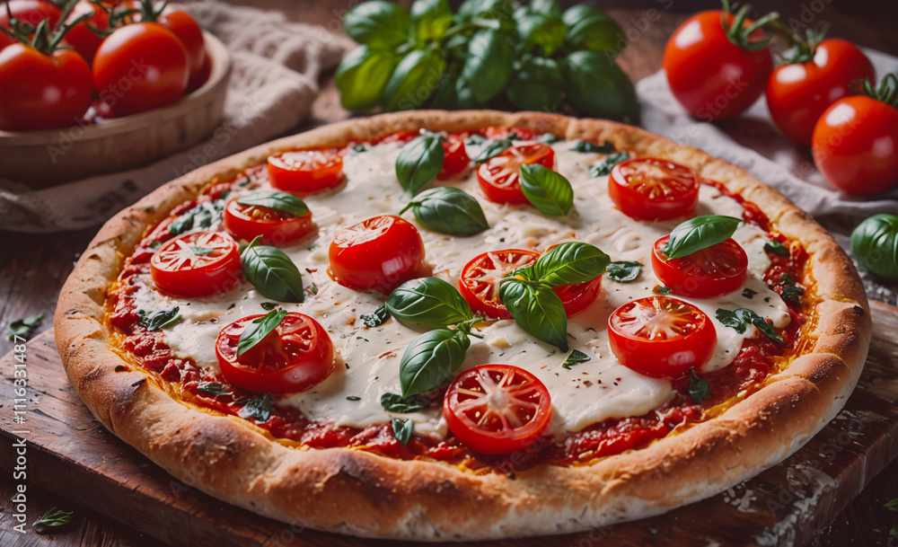 Poster pizza with tomatoes and basil on top. the pizza is sitting on a wooden table. there are several toma