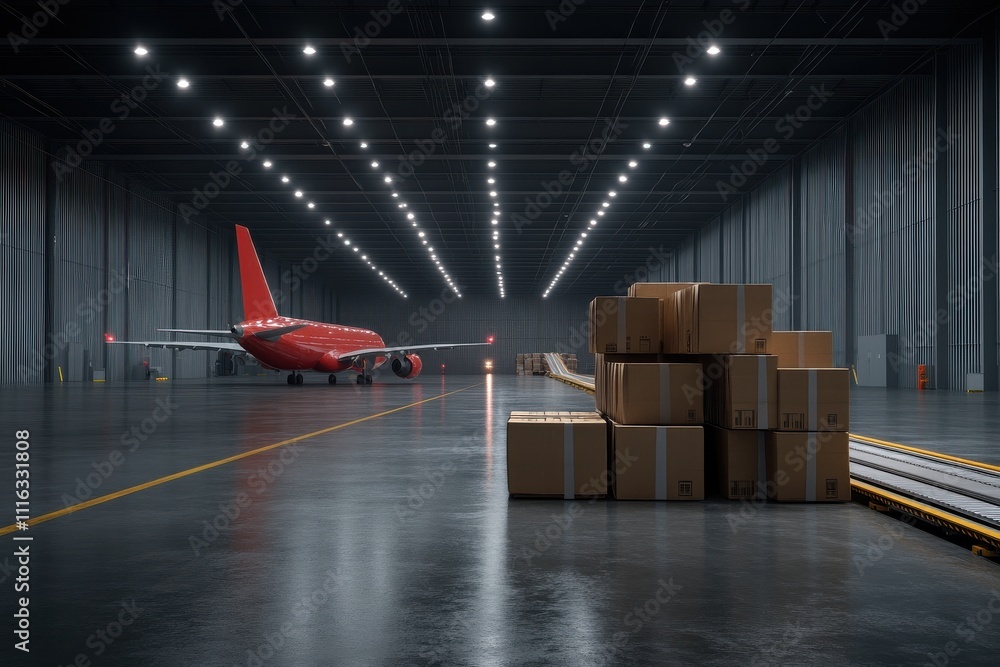 Poster a spacious cargo hangar featuring a red airplane and stacks of boxes, illuminated by bright overhead