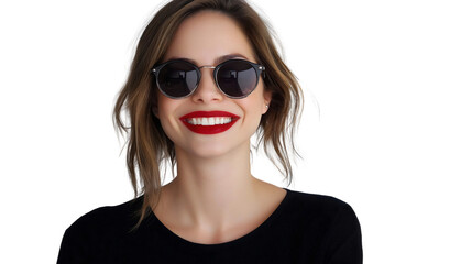 Fototapeta premium Stylish Woman Smiling in Sunglasses with Red Lips, Posing in Casual Fashion for a Joyful Summer Portrait