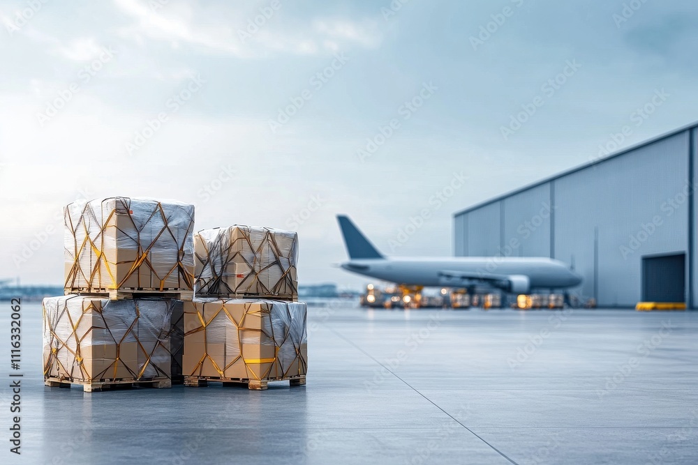 Poster a cargo area at an airport featuring stacked pallets and a cargo plane in the background under a clo