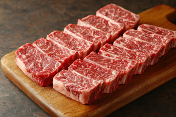 Raw beef short ribs on wooden cutting board.