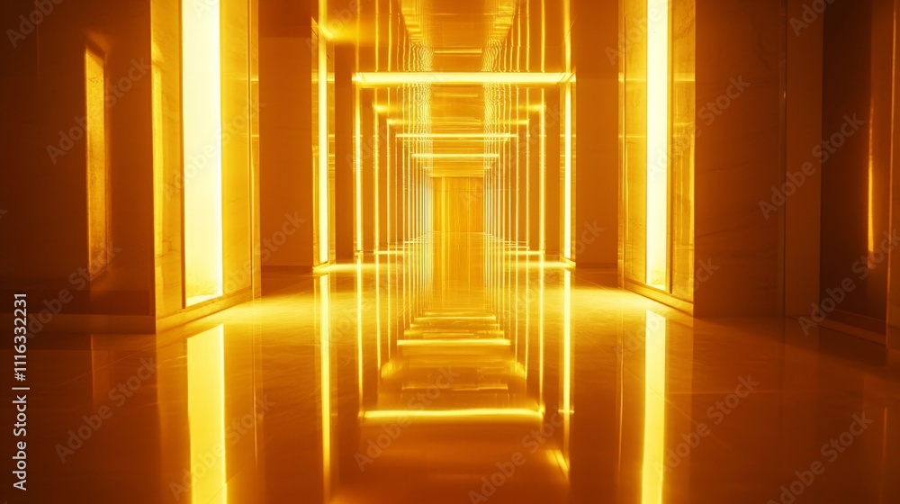 Poster a vibrant, illuminated corridor with glowing yellow lines reflecting on a polished surface, creating