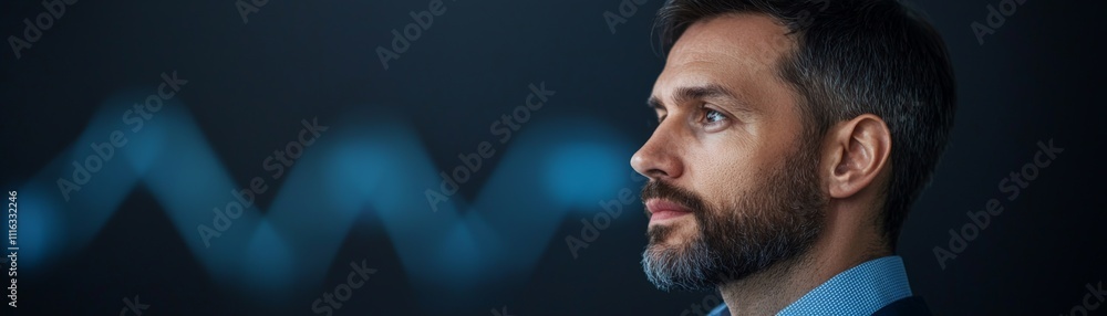 Poster a focused man gazes thoughtfully, with data graphics subtly illuminated in the background, suggestin