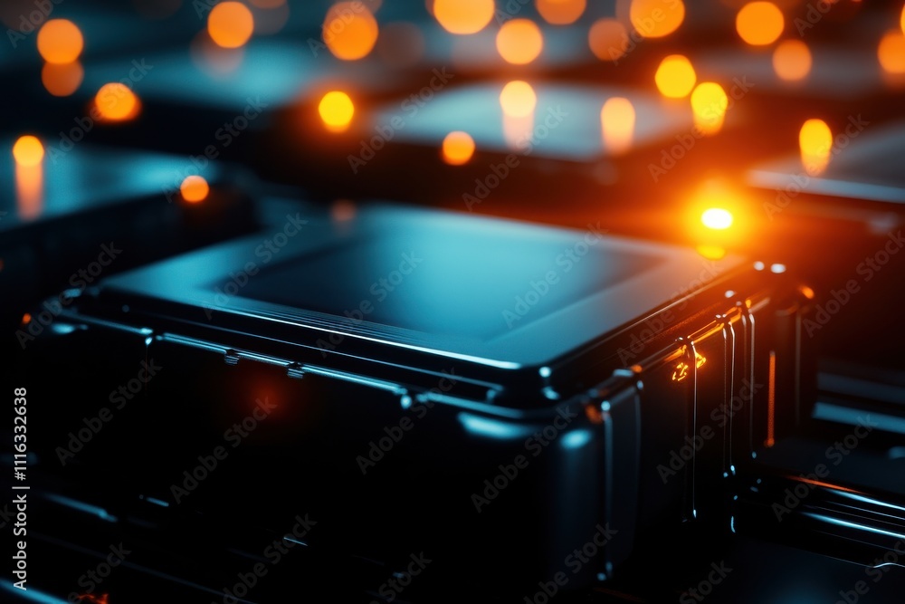 Poster a close-up of a shiny microchip surrounded by glowing lights, illustrating advanced technology and i
