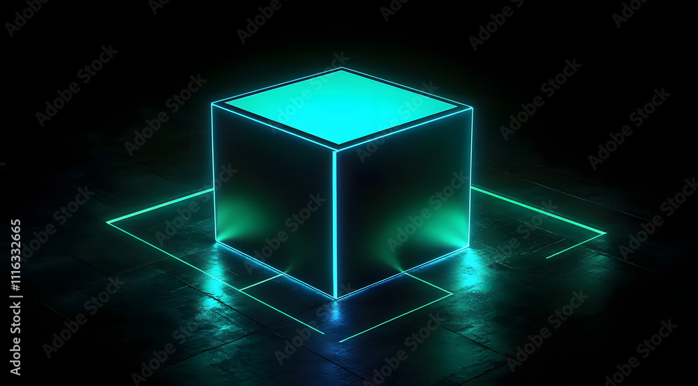 Poster generative ai abstract illustration of box in cube geometric shape illuminated in blue and green neo