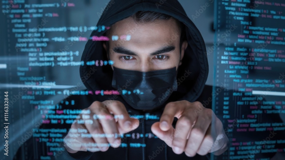 Poster a masked individual coding in a dark environment, focused on computer screens filled with code.