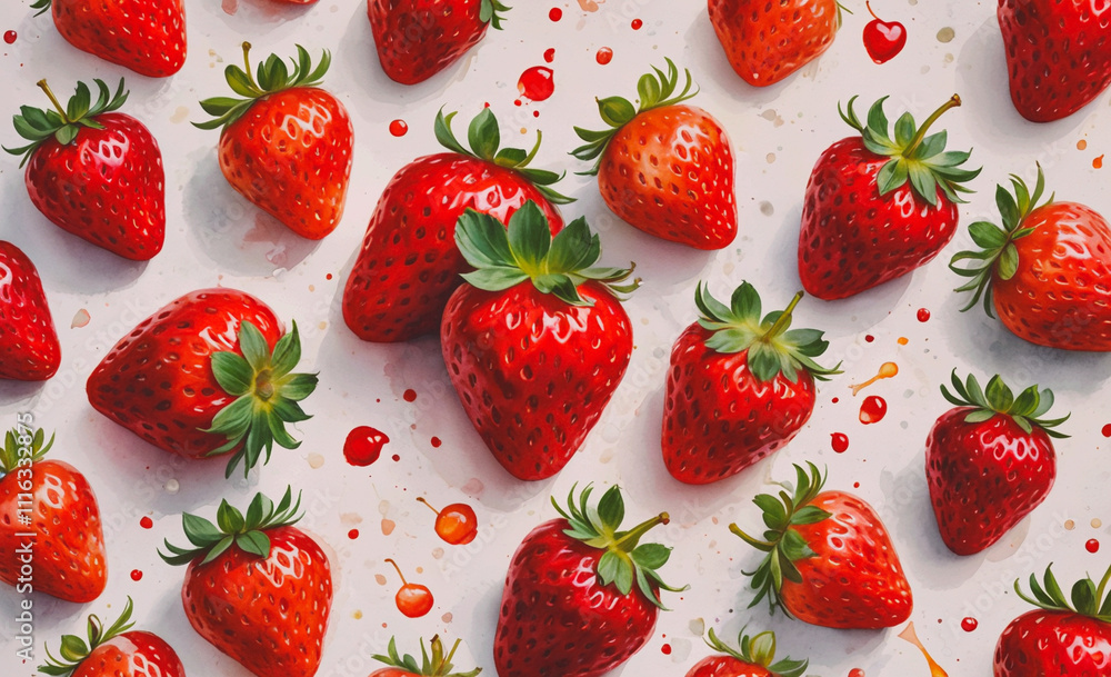 Aufkleber Close up of a bunch of red strawberries. The strawberries are in a pattern and are placed on a white background