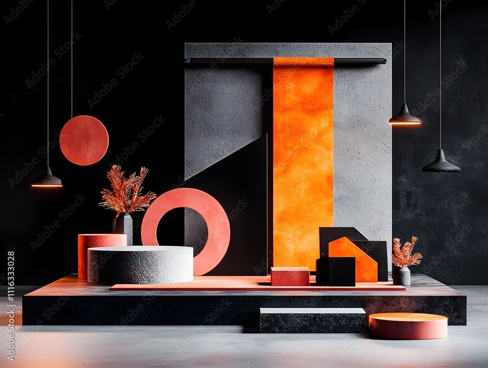 Poster sleek minimal roll up display with abstract geometric motifs showcased in a dramatic chiaroscuro lig
