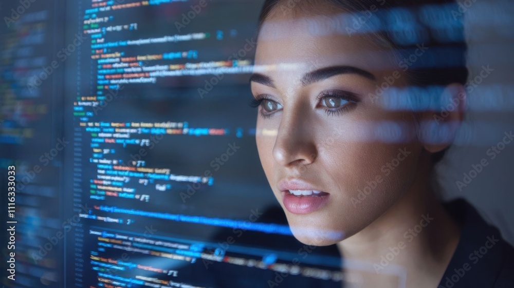 Poster a woman intently observes programming code on a transparent screen.