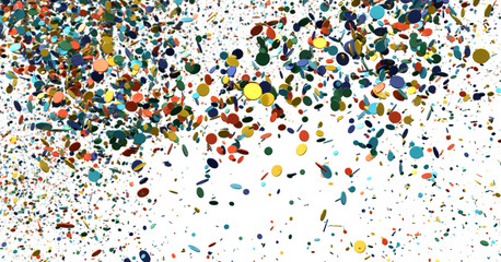 Obraz premium Abstract background image of colorful confetti and streamers exploding on a white background. Perfect for celebrations, parties, and festive occasions.