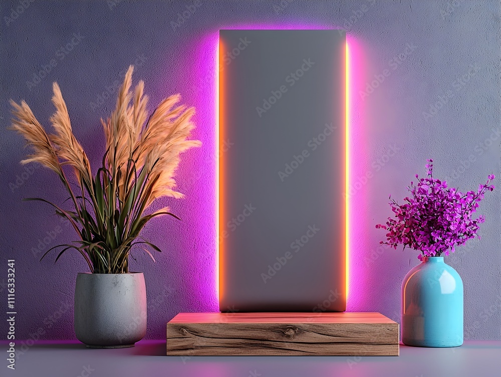 Poster blank roll up display stand with vivid illumination and detailed 3d imagery in a simple studio setti