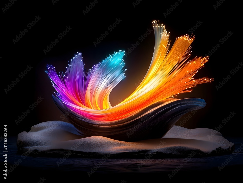 Poster mesmerizing display of illuminated prismatic fiber optic strands undulating and intertwining in a ca