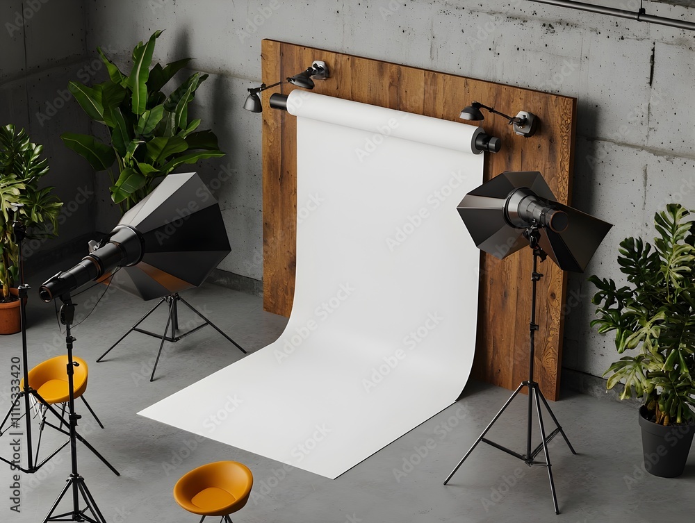 Poster blank roll up presentation display in a bright airy studio environment featuring a clean contemporar