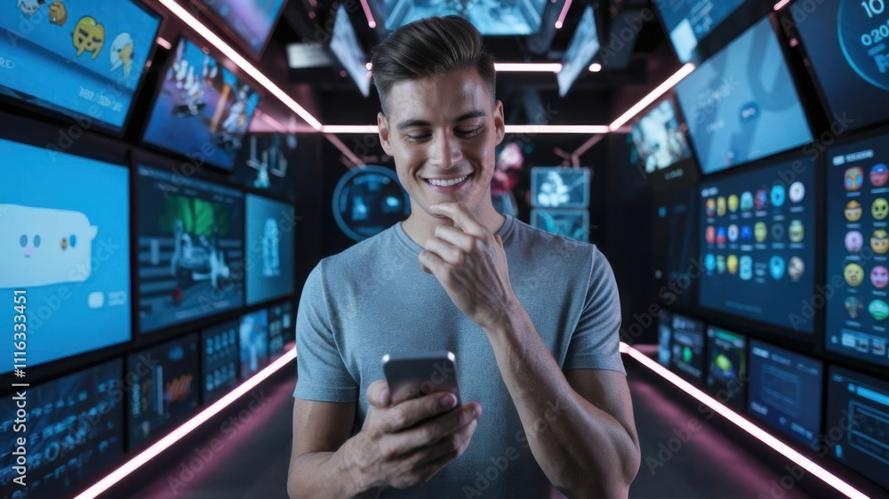 Poster a young man smiles while using his smartphone in a tech-themed environment with screens.