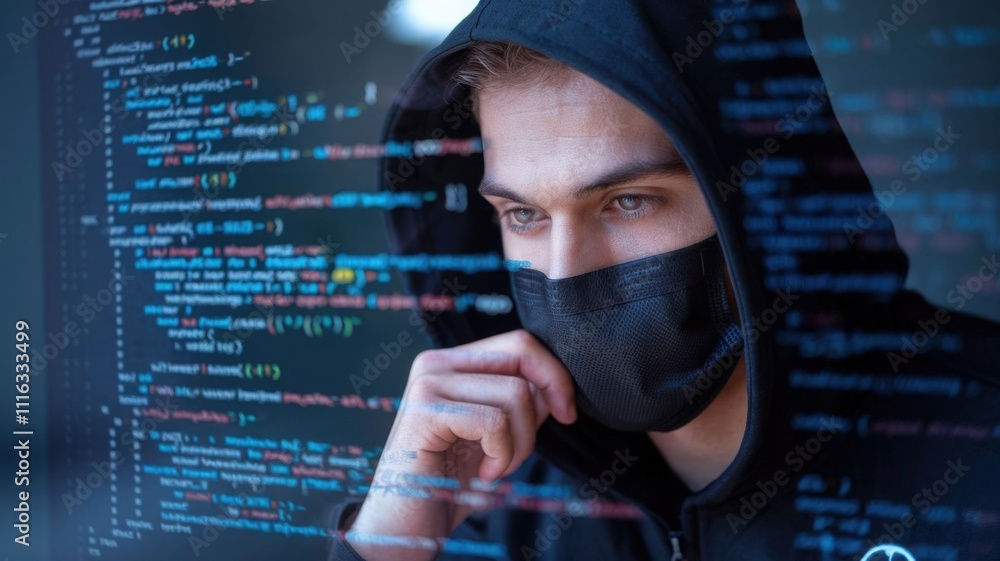 Poster a focused individual in a hoodie examines code on a screen, symbolizing technology and programming.