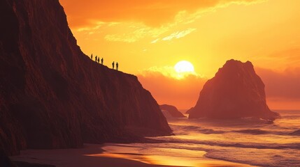 Fototapeta premium Dramatic coastal sunset with silhouetted figures standing on cliff edge, vibrant orange sky and sun reflecting off ocean waves, rugged rock formations creating stunning seascape