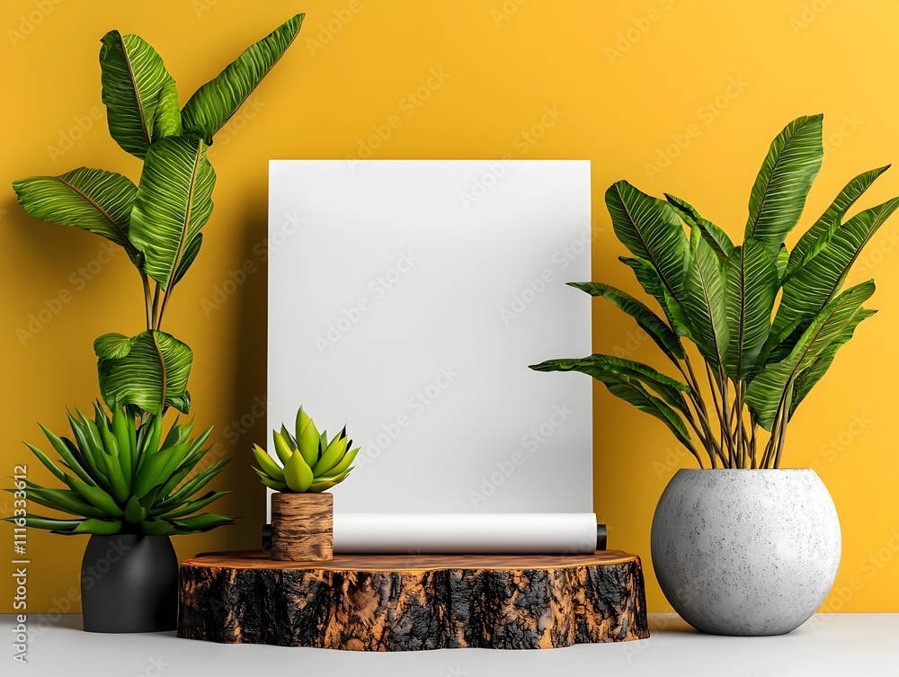 Poster blank roll up presentation display backdrop in bright airy studio environment with simple geometric 