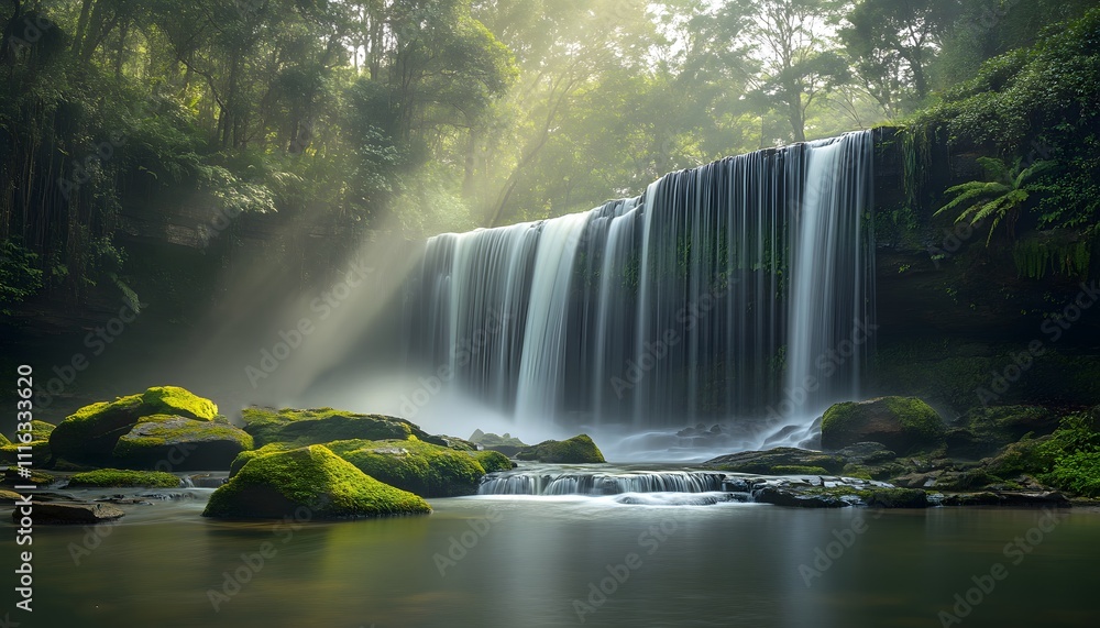 Aufkleber Serene Waterfall Cascading Over Lush Greenery in a Tranquil Forest Setting with Soft Light and Mist Enhancing the Natural Beauty of the Scene