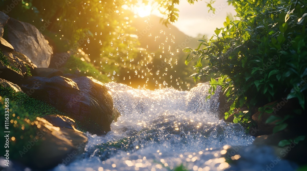 Poster tranquil stream flowing through lush greenery with sunlight glimmering on water droplets, creating a