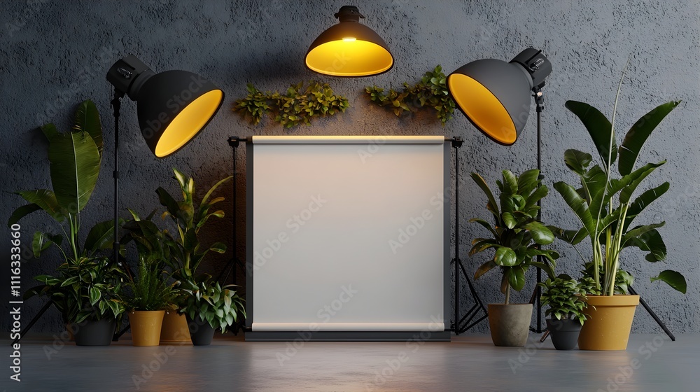 Poster blank roll up display or backdrop stand in a simple well lit photography studio setup with minimalis