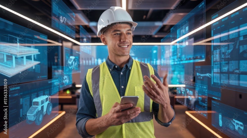 Poster a smiling construction worker using a smartphone in a high-tech environment.