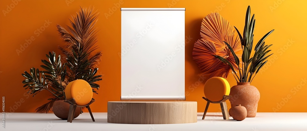 Poster pristine unprinted roll up display placed in a bright airy studio space with cinematic lighting that