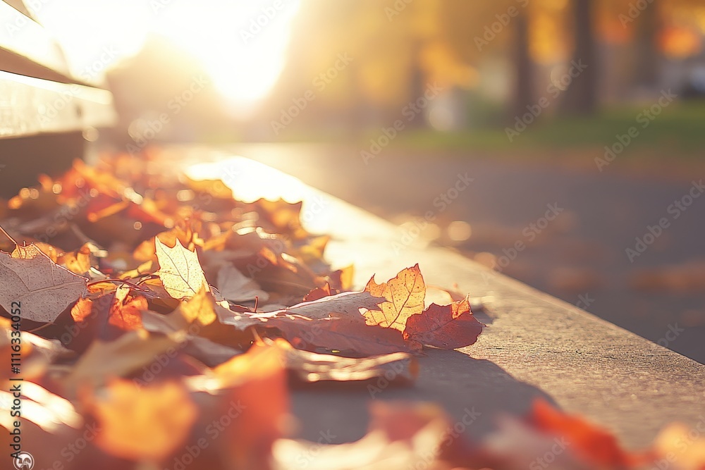 Poster sunlit autumn scene with colorful fallen leaves on bench in park capturing the essence of fall and n