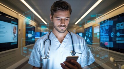 A healthcare professional interacts with digital data in a modern medical environment.