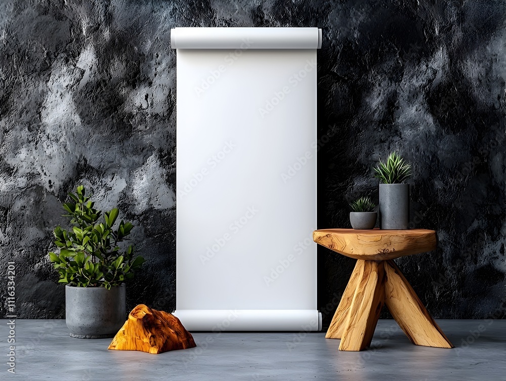 Poster minimalist white roll up display in a sleek contemporary studio environment dramatically illuminated