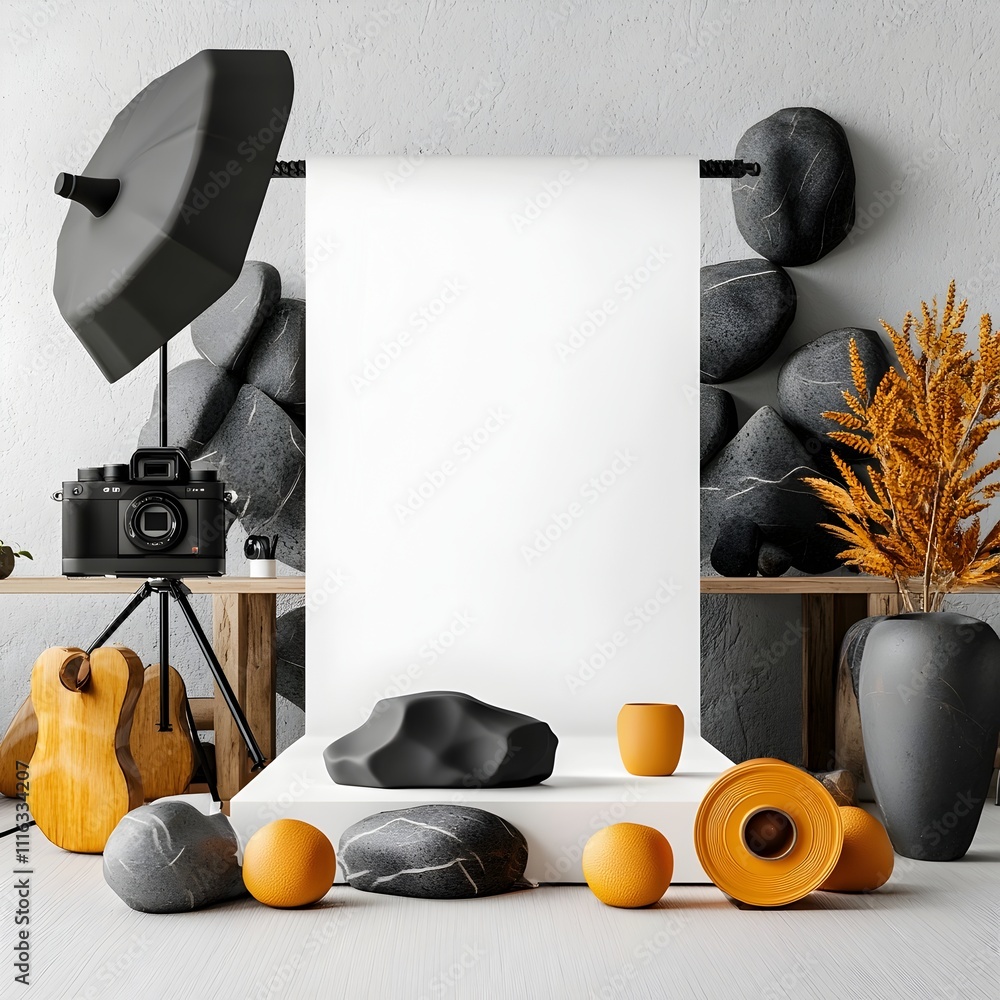 Poster pristine roll up display set against a stark white backdrop in a minimalist photography studio showc