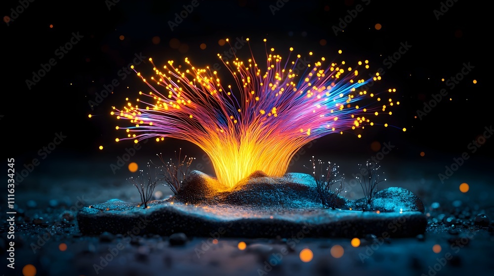 Poster dramatic glowing fiber optic filaments casting an otherworldly illumination on a shadowy plane creat