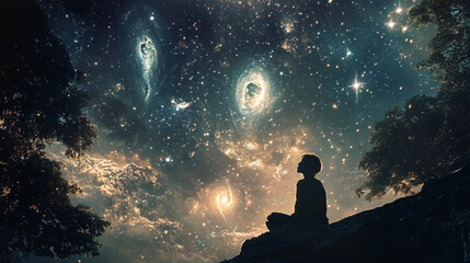 A person looking up at the night sky, seeing the faces of ancestors in the stars, with constellations forming stories of the past. 
