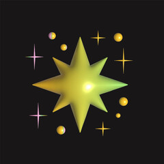 3D style twinkle Stars. Shiny Sparkles. Various shapes. Minimalistic Icon. Elegant geometric design. Gradient colors. Party, celebration concept. Trendy Vector illustration. Isolated design element