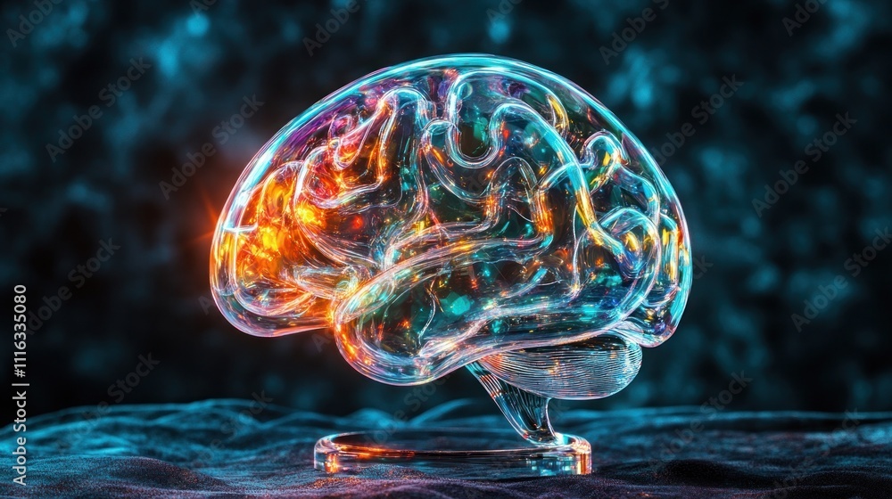 Aufkleber Glass brain model with glowing neural pathways, showcasing cognitive function and intelligence.