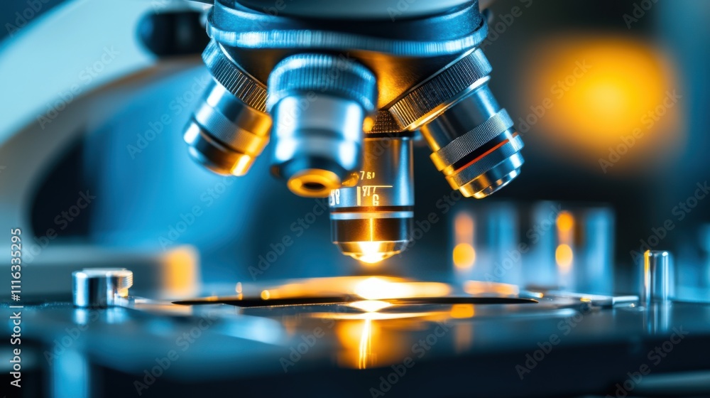 Poster close-up view of a modern microscope with bright light focusing on a sample slide in a laboratory se