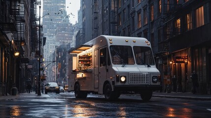 Fototapeta premium Food truck illuminated at dusk on moody NYC street with fire escapes, wet pavement reflecting city lights, and birds flying overhead
