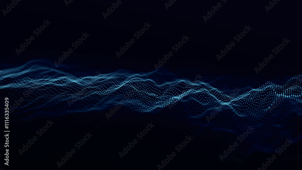 Poster futuristic point wave of particles. visualization of sound waves. dark background. technology or sci