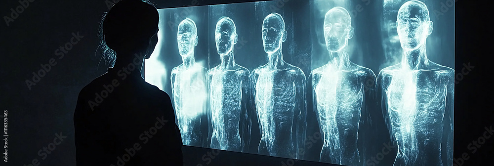 Poster a person standing before a mirror, seeing multiple reflections of their ancestors in glowing forms, 