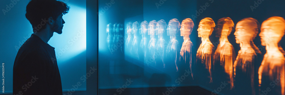 Poster a person standing before a mirror, seeing multiple reflections of their ancestors in glowing forms, 