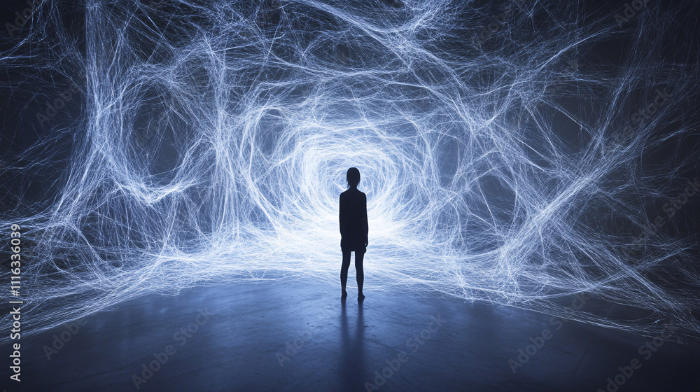 Poster a person standing in the middle of a glowing web, with each thread representing a different family d