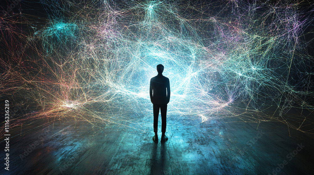 Poster a person standing in the middle of a glowing web, with each thread representing a different family d