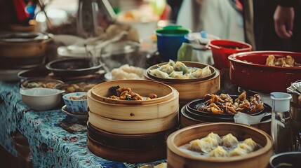 Fototapeta premium Delicious Dim Sum Spread: Dumplings, Buns, and Asian Street Food Favorites