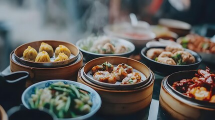 Obraz premium Delicious Dim Sum Spread: Dumplings, Buns, and Asian Street Food Favorites