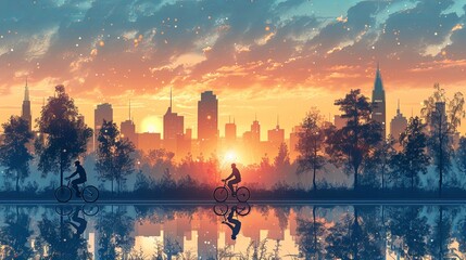 Fototapeta premium A line of cyclists rides through a picturesque autumn setting with colorful trees, distant mountains, and a city skyline in the background. 