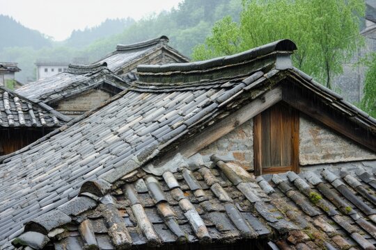 Rustic tiled rooftops of traditional village houses in a serene countryside setting, under a rainy sky, reflecting historical architecture and natural harmony.