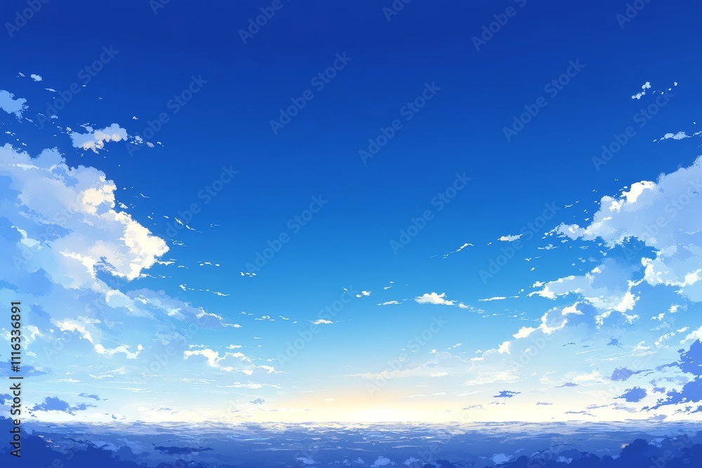 Aufkleber vast and tranquil blue sky with soft white clouds above a calm sea at dusk, ideal for background or 
